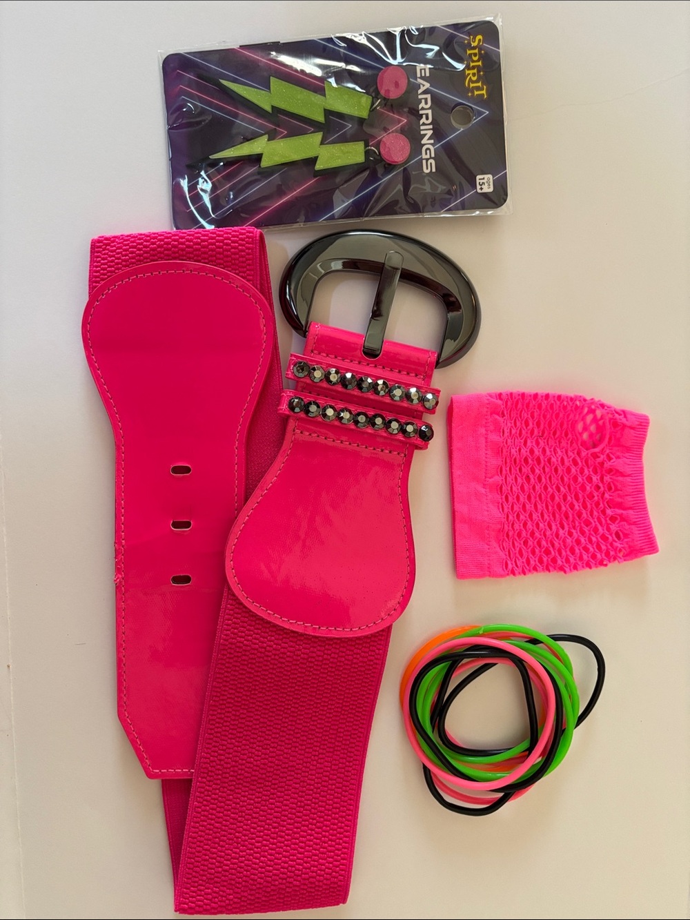 Spirit 80s Accessories Bundle: Stretch Belt, Earrings, Fishnet Glove, Bracelets